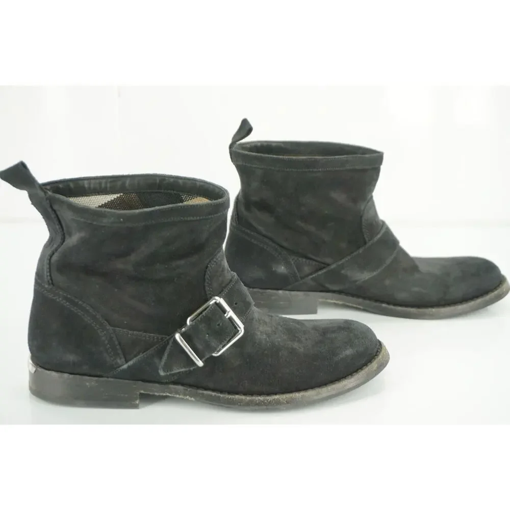 Burberry Black Suede Motor Biker Short Ankle Boots Size 35 House Check
